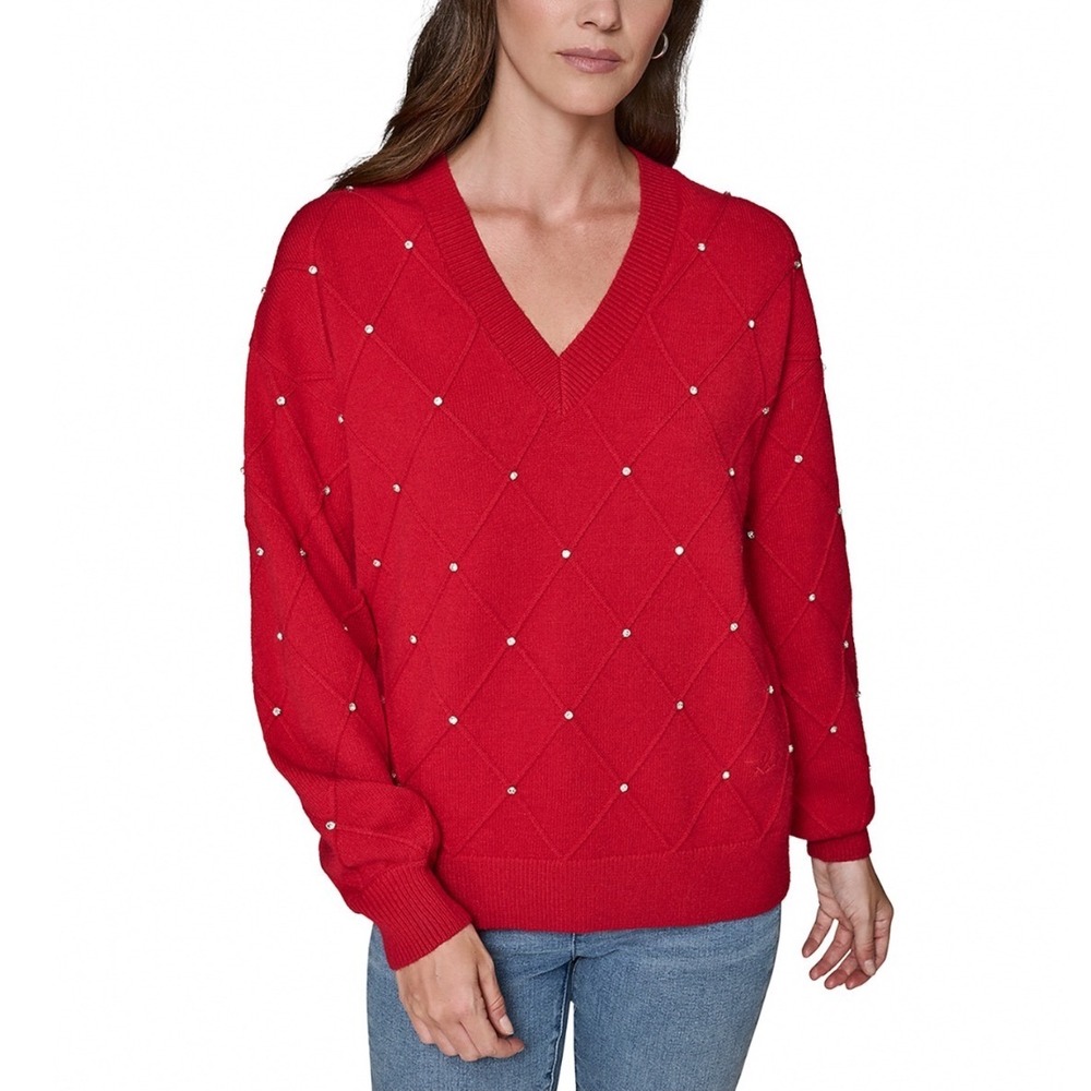 Karl Lagerfeld Paris Red Embellished V-Neck Rhinestone Sweater Size Medium NEW